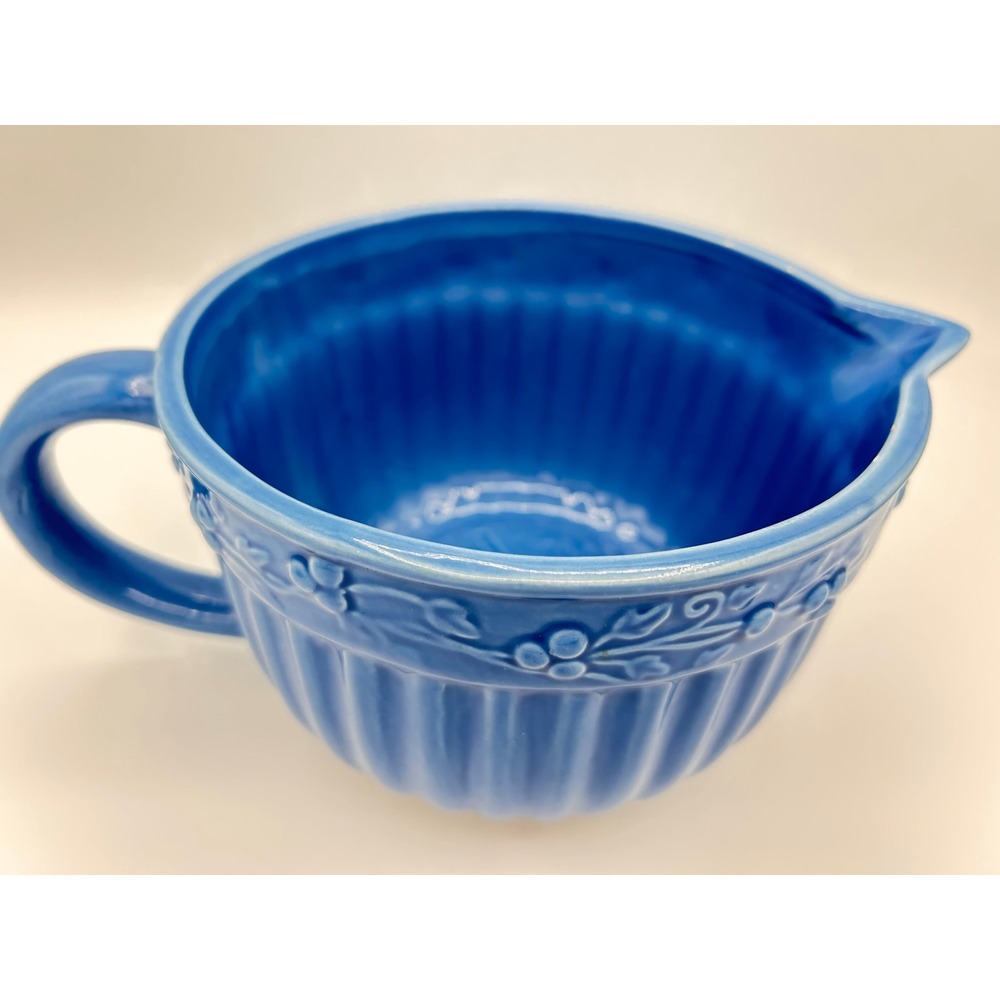 Vintage Swiss Colony Blue Ceramic Pottery Mixing Bowl Glossy Floral Pattern - Picture 5 of 6